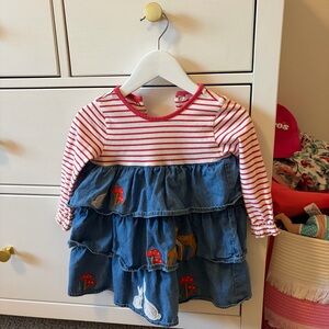 Mini Boden Fall Critter Denim Tiered Dress 12-18 Months